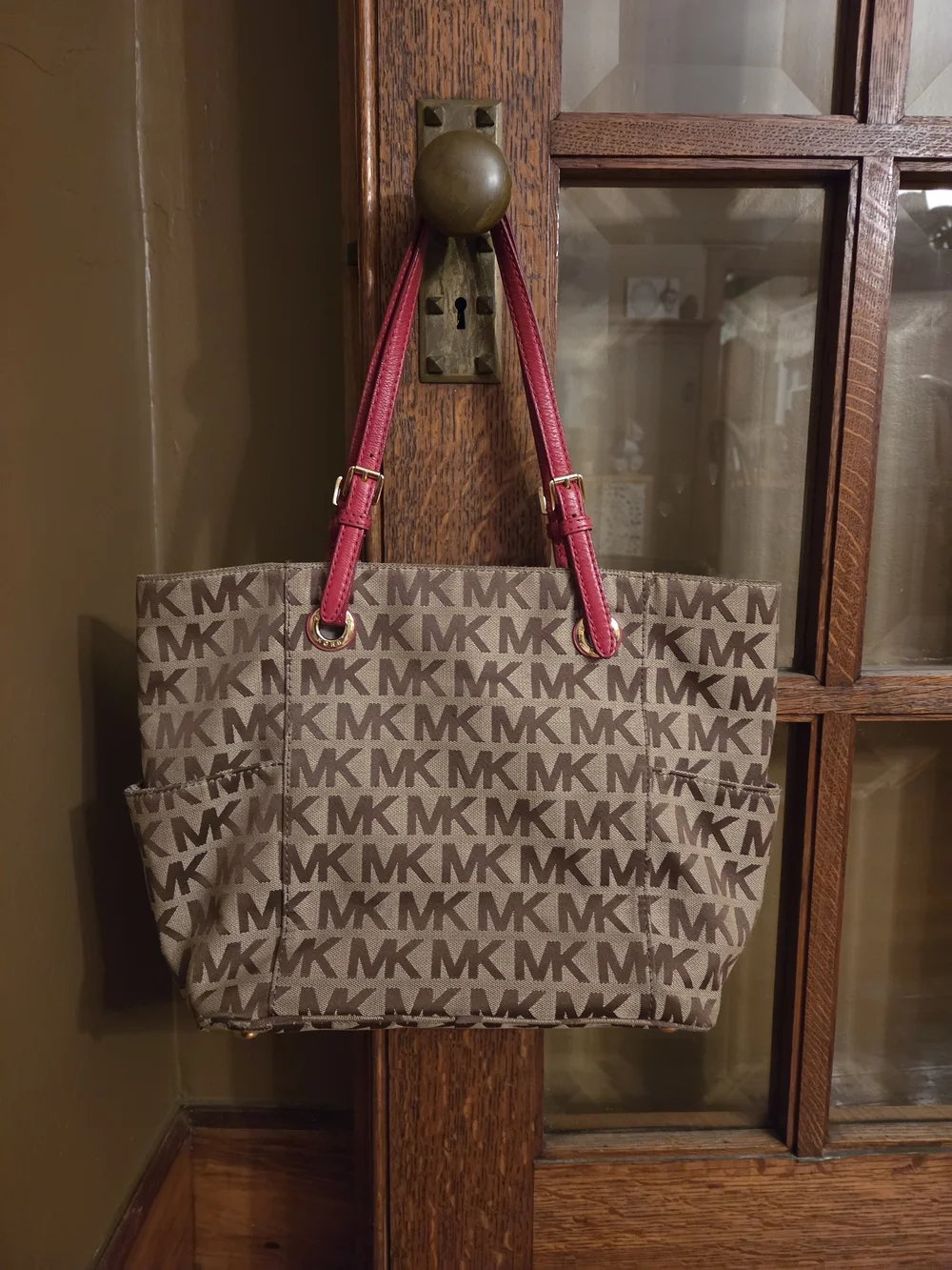 Michael Kors Brown MK Signature Tote with Red Handles